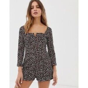 Bershka Womens Playsuit Romper Floral Print Notch Front Square Neck Multicolor M
